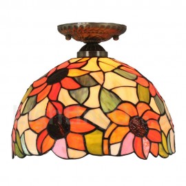 Diameter 30cm (12 inch) Handmade Rustic Retro Stained Glass Flush Mounts Sunflower Pattern Shade Bedroom Living Room Dining Room