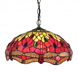 Diameter 30cm (12 inch) Handmade Rustic Retro Stained Glass Pendant Light Red Dragonfly Pattern Glass Shade Bedroom Living Room Dining Room