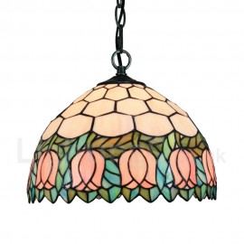 Diameter 30cm (12 inch) Handmade Rustic Retro Stained Glass Pendant Light Pink Flower Pattern Glass Shade Bedroom Living Room Dining Room