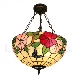 Diameter 40cm (16 inch) Handmade Rustic Retro Chandeliers Butterfly and Flower Pattern Glass Shade Bedroom Living Room Dining Room