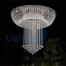 Modern Contemporary Chandelier Flush mount LED Pendant Fixture Crystal Rain Drop Light for High Ceiling Living Room Hotel Hallway Foyer Entry Way Romantic Wedding Building