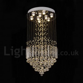 Modern Contemporary Chandelier Flush mount LED Pendant Fixture Crystal Rain Drop Light for High Ceiling Living Room Hotel Hallway Foyer Entry Way Romantic Wedding Building